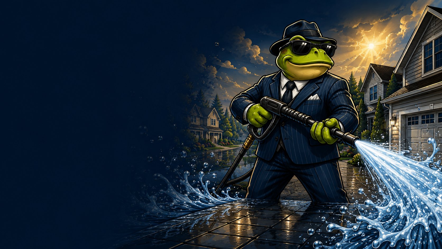 Toady the frog pressure washing a home