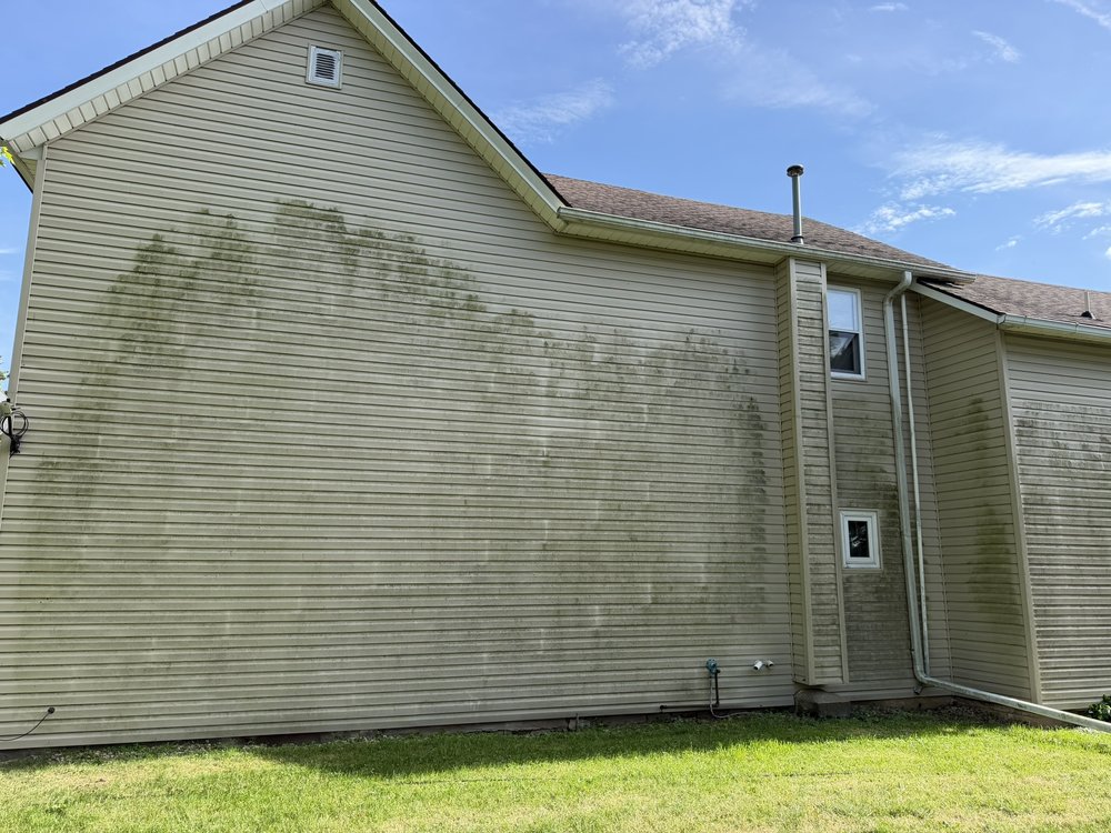 Algae-covered house siding before pressure washing in the Sauk Valley